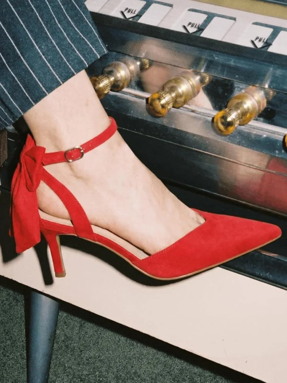 Women's Red Closed Pointed Toe Pumps Bow Ankle Strap Kitten Wedding Heels Shoes